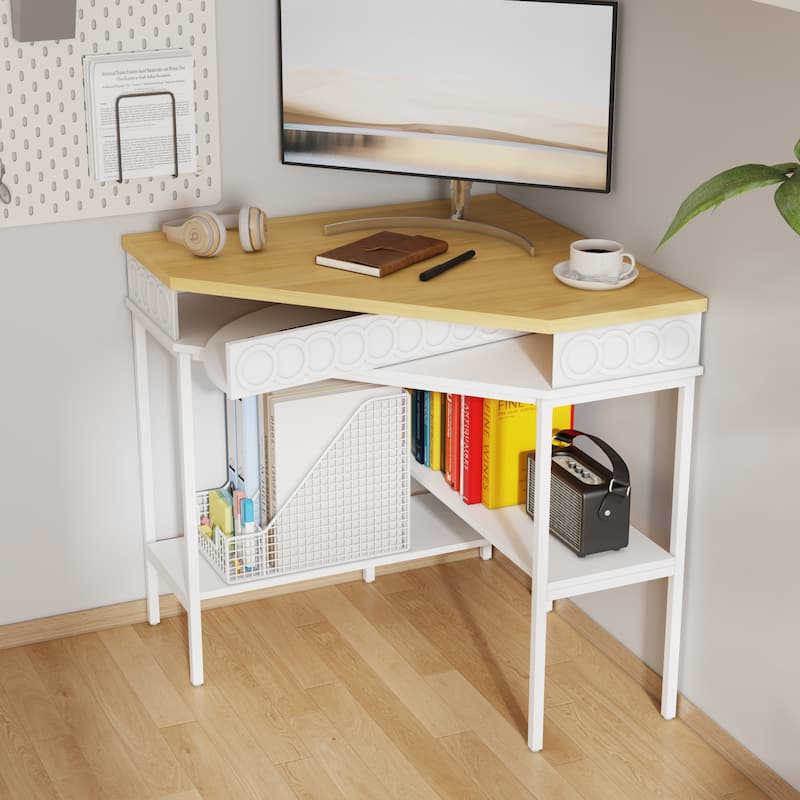 360° Rotating Corner Desk with Pull-Out Keyboard Tray – Small Space L-Shaped Computer Desk White & Oak