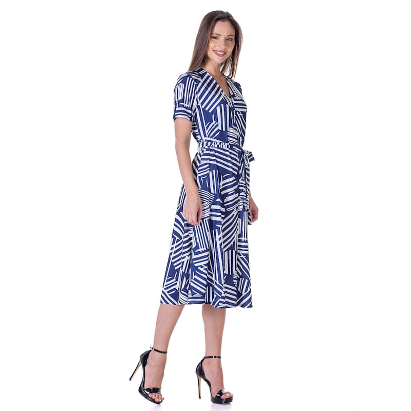 24seven Comfort Apparel Womens Navy and White Short Sleeve Tie Waist Midi Dress