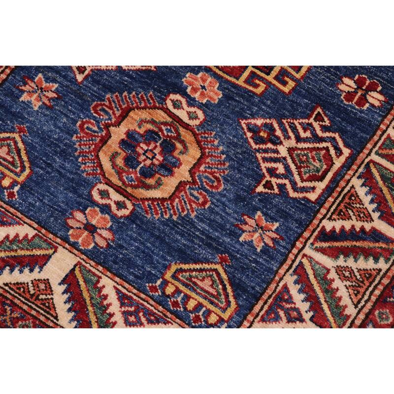 Southwestern Super Kazak Zion Blue/Beige Hand Knotted Wool Rug - 2'9'' x 3'8''
