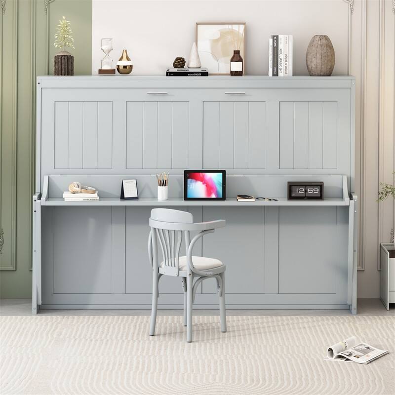 Full/Queen Size Wooden Murphy Bed with Desk, Foldable Murphy Bed Cabinet w/ Hydraulic Lift Design, Space Saving Murphy Chest Bed