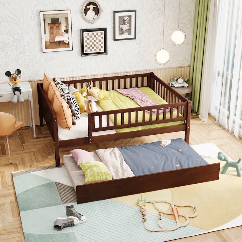 Wood Daybed with Trundle and Fence Guardrails
