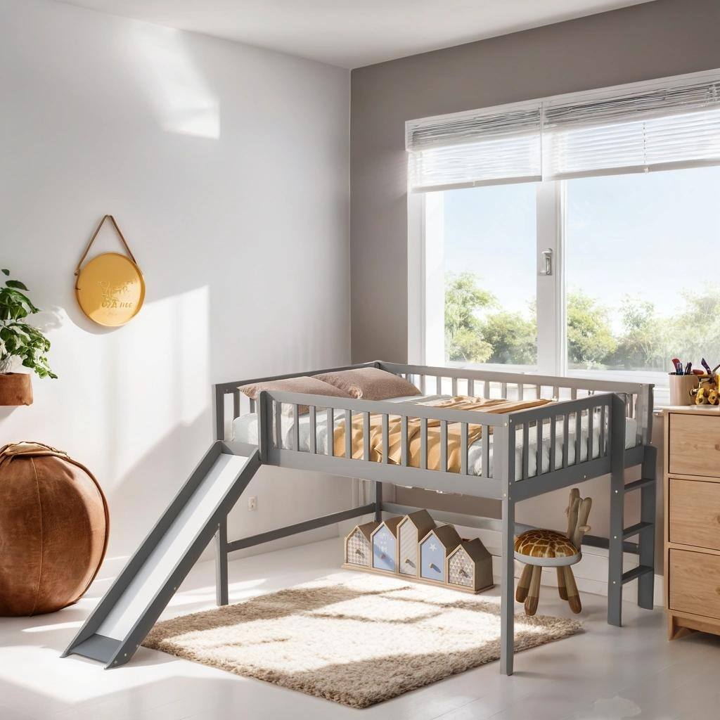 Full Size Low Loft Bed with Ladder, Pine Wooden Bed with Slide, Kid's Friendly Style Bed with Safety Guardrails, Grey