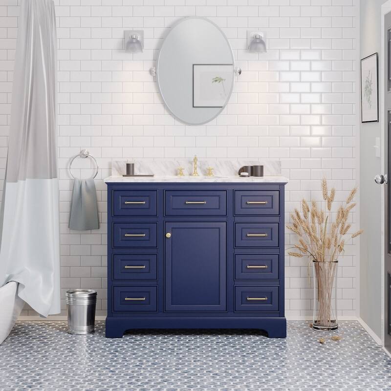 KitchenBathCollection Aria 42" Bathroom Vanity with Carrara Marble Top - Royal Blue