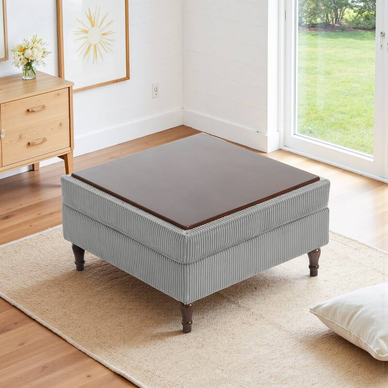 31.78" W Oversized Square Upholstered Storage Ottoman with Wooden Tray