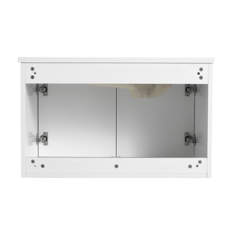 White Double-Door Wall-Mounted Vanity with Drop-Shaped Resin Sink, Soft-Close Hinges, and Hidden Metal Handles