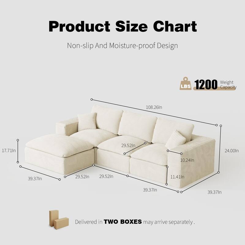 108" Cloud Sectional Couch with L-Shape Chaise, Left-right interchangeable, Modular Sofa with Deep Seat, Upholstered Couches