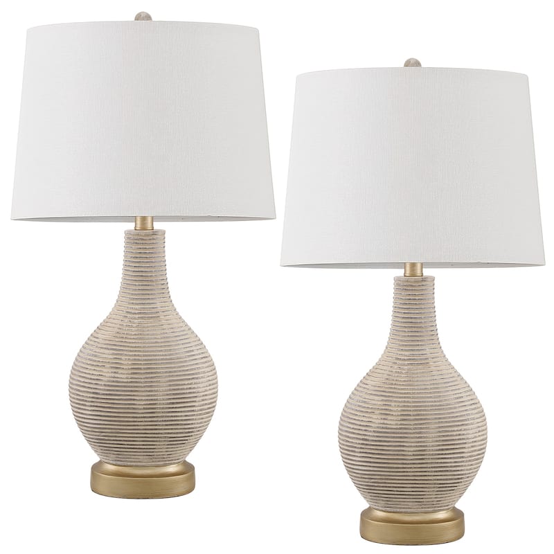 24.5-inch Washed Beige/Gold Farmhouse Table Lamp with White Linen Shade (Set of 2) - 24.5" H