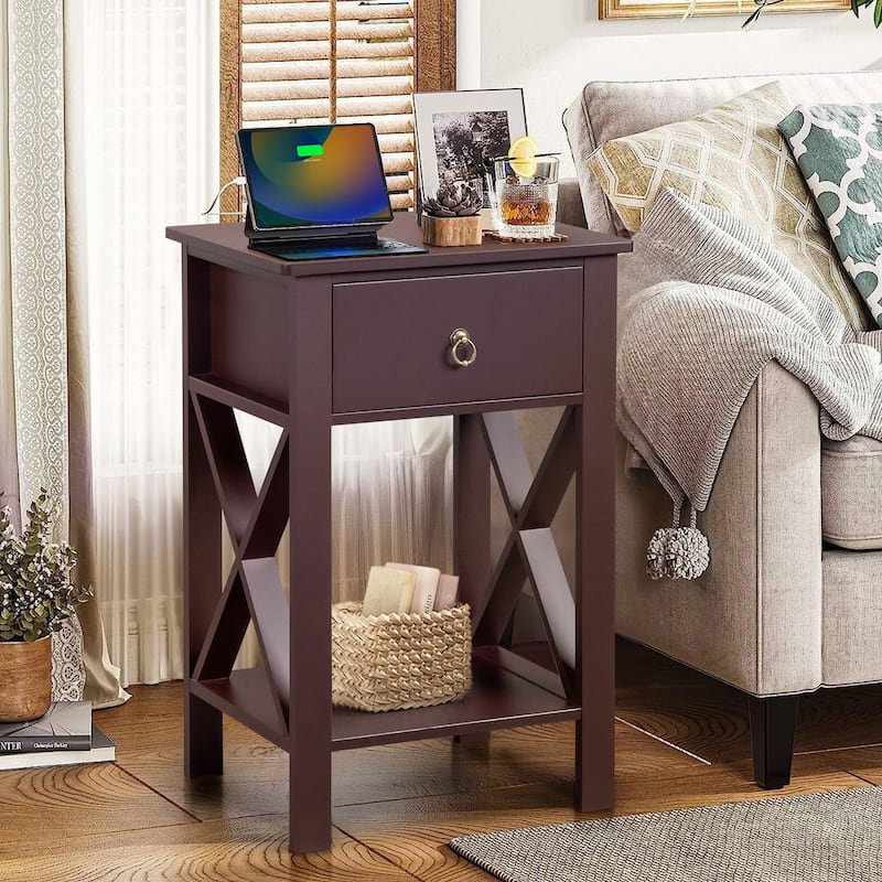 Brown MDF Coffee Side Intersection Tables with 2-Layer Drawers Set of 2 - 15.75 x 11.81 x 23.62 inches (L x W x H)
