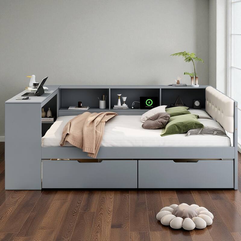 Wood Twin/Full Platform Bed with Upholstered Headboard, Storage Shelves, Drawers and Charging Station, No Box Spring Needed