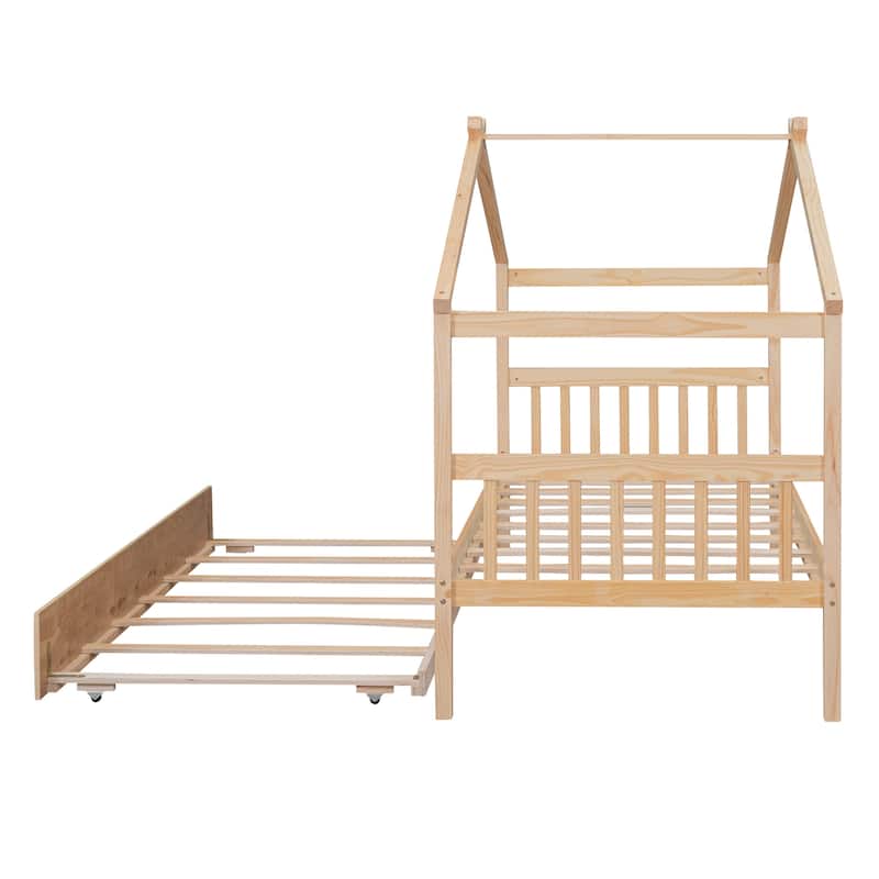 Twin/Full House Bed with Pull-Out Trundle, Solid Pine Wood Frame for Sleepovers
