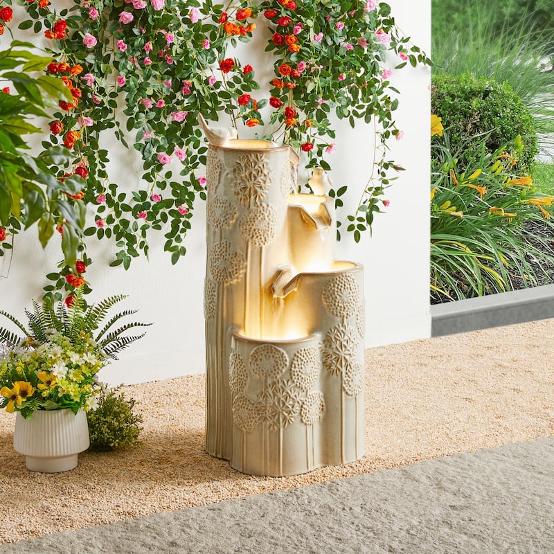 Glitzhome 31.75"H 4-Tier LED Vase-Shaped Ceramic Outdoor Floor Fountain with Birds/ Lotus