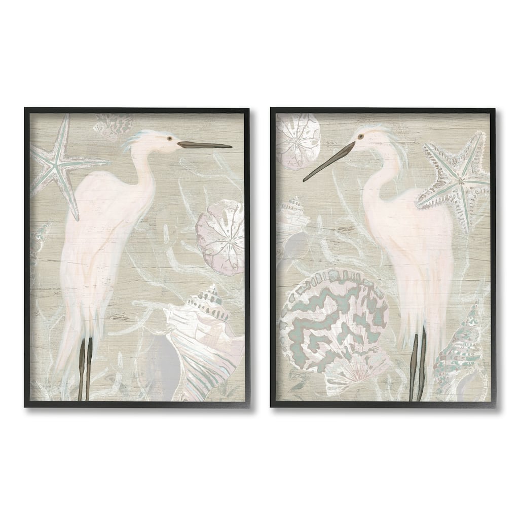 Stupell White Heron Nautical Seashells Rustic Starfish Wildlife 2 Piece Framed Wall Art, Design by June Erica Vess - Beige