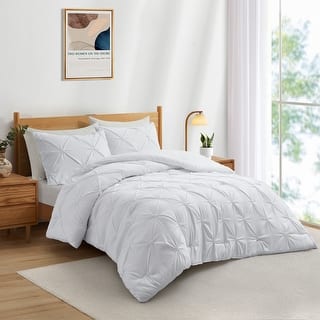 3 Piece Pintuck Pinch Pleat Comforter Set, Bedding Set for All Season, White