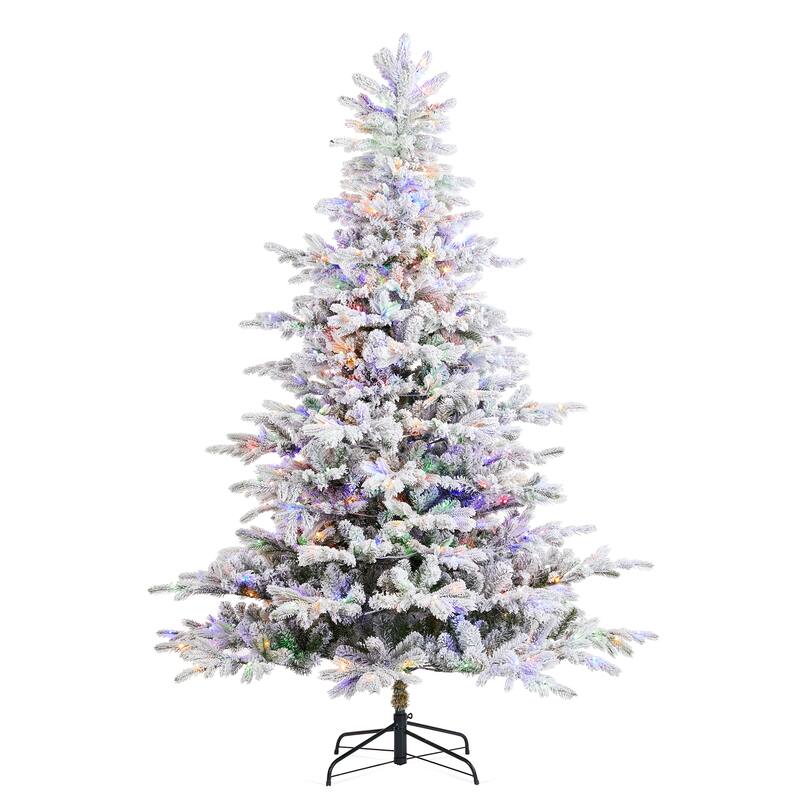 Glitzhome 6FT/7.5FT/9FT/11FT Snow Flocked Pre-lit Artificial Fir Christmas Trees