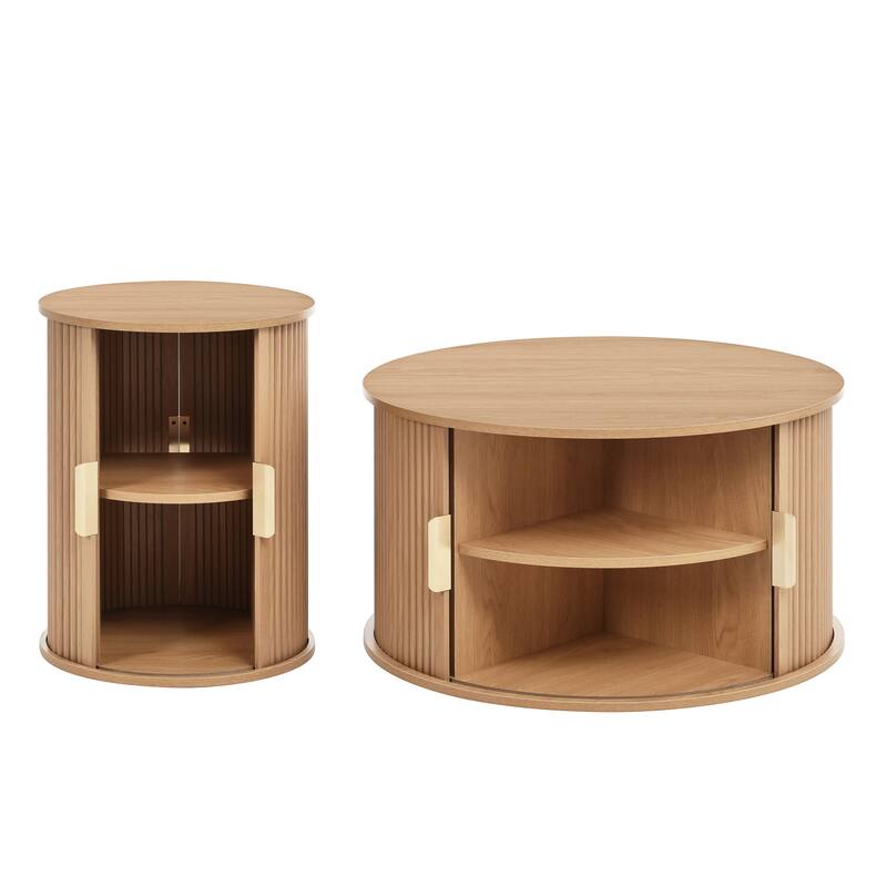 Fluted Sliding Door TV Stand & Coffee Table Set, Wooden Media Cabinet TV Console for TVs up to 75", 3-Piece Living Room Set