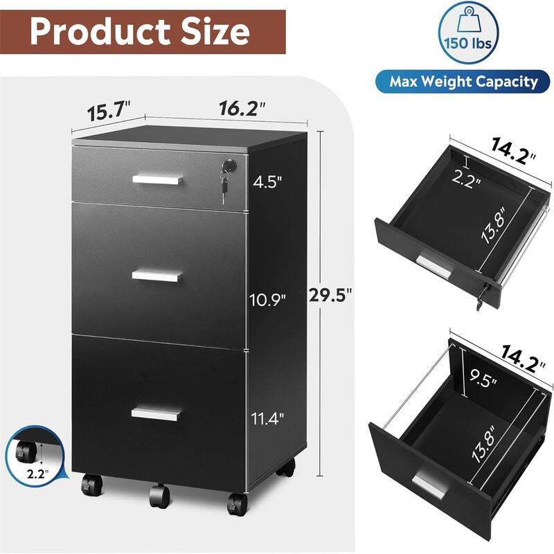 3 Drawer Rolling File Cabinet with Lock - 16"D x 15.7"W x 30.7"H