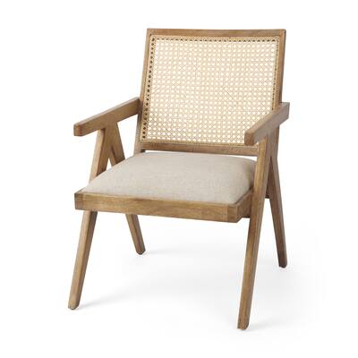 Donna Light Brown Solid Mango Wood & Cane w/ Beige Upholstered Seat Accent Chair - 21.6"W x 21.6"D x 29.5"H