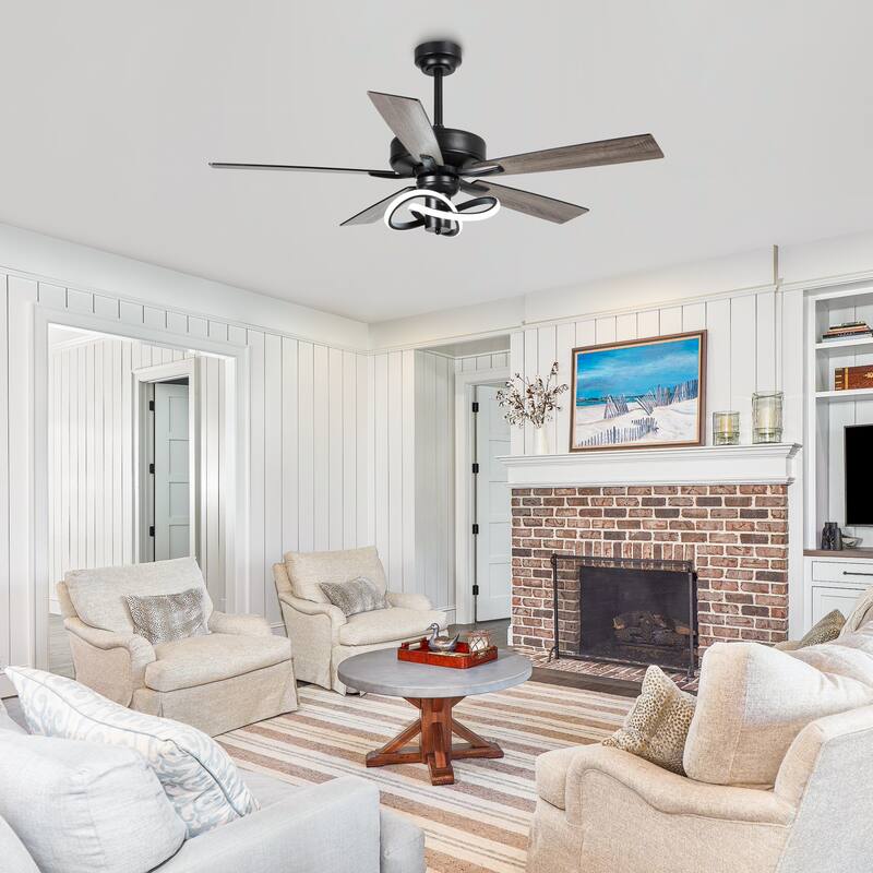 52" Matte Black Modern Ceiling Fan with LED Light and Remote