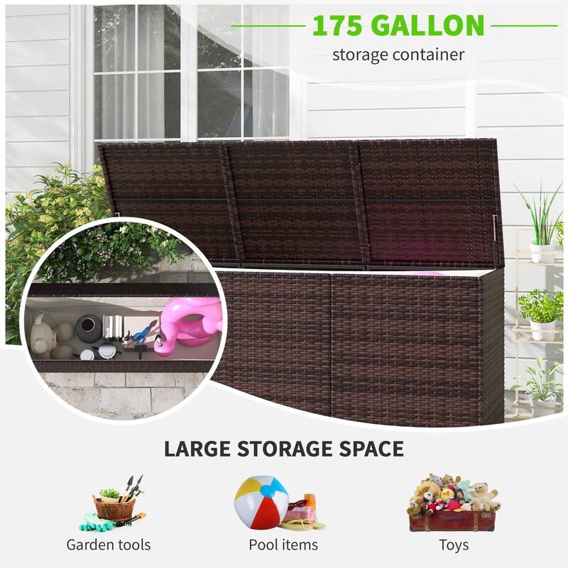 Outsunny Outdoor Storage Box with Inner Liner, PE Rattan Wicker Deck Box with Pneumatic Bar Lift
