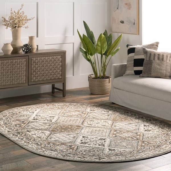 slide 2 of 9, Nuloom Becca Traditional Tiled Area Rug 4' x 6' Oval - Taupe