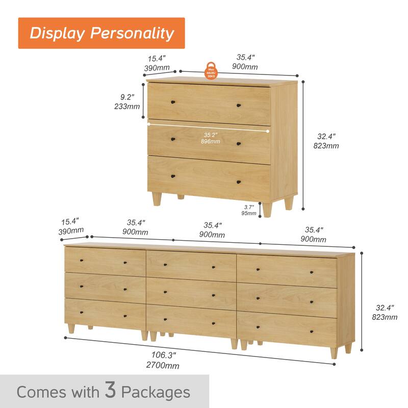 WAMPAT Dresser with 3 Drawers, 35.4" Wide Chest of Drawer for Bedroom