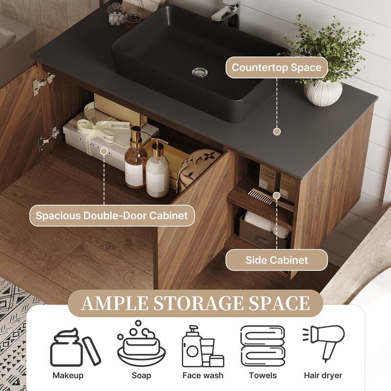 36'' Single Bathroom Vanity with Stone Top, Brown Wood, Black Vessel, Floading Vanities