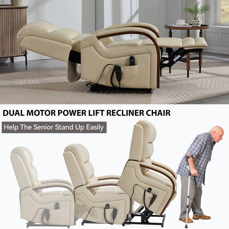 Power Leatheraire Lift Recliner Chair Dual Motor Infinite Position Up to 350 LBS with Solid Wood Armrests