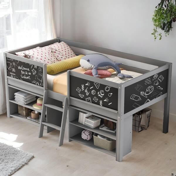 slide 2 of 13, Twin Size Low Loft Bed with Two Movable Shelves and Ladder, Gray Grey