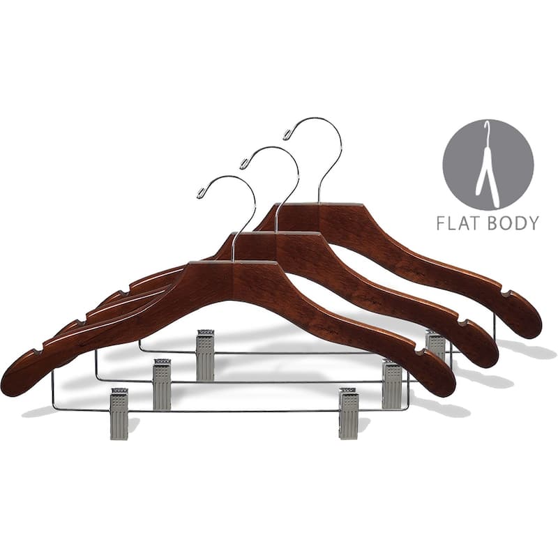Wavy Walnut Suit Hanger with Clips and Notches (Box of 25)