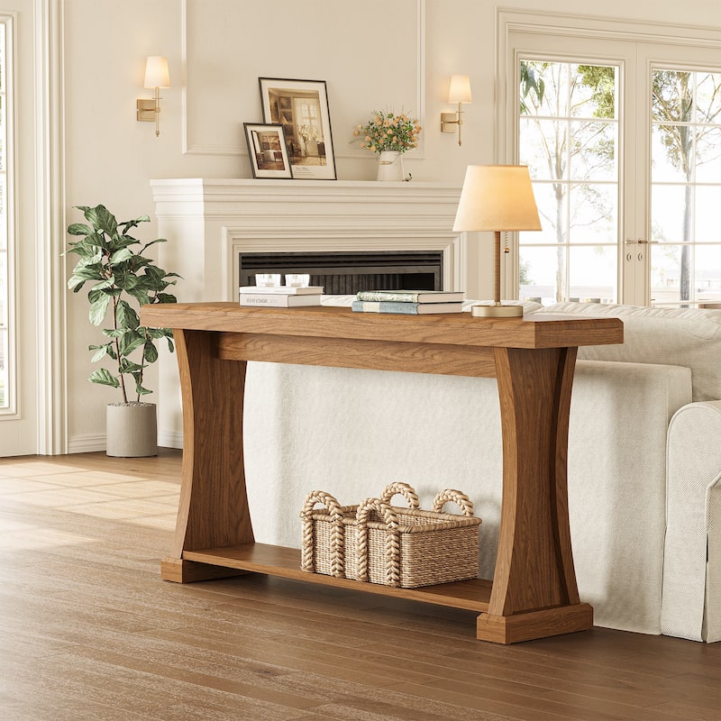 2 Tier Narrow Console Table, 63'' Long Entryway Table with Storage Shelf