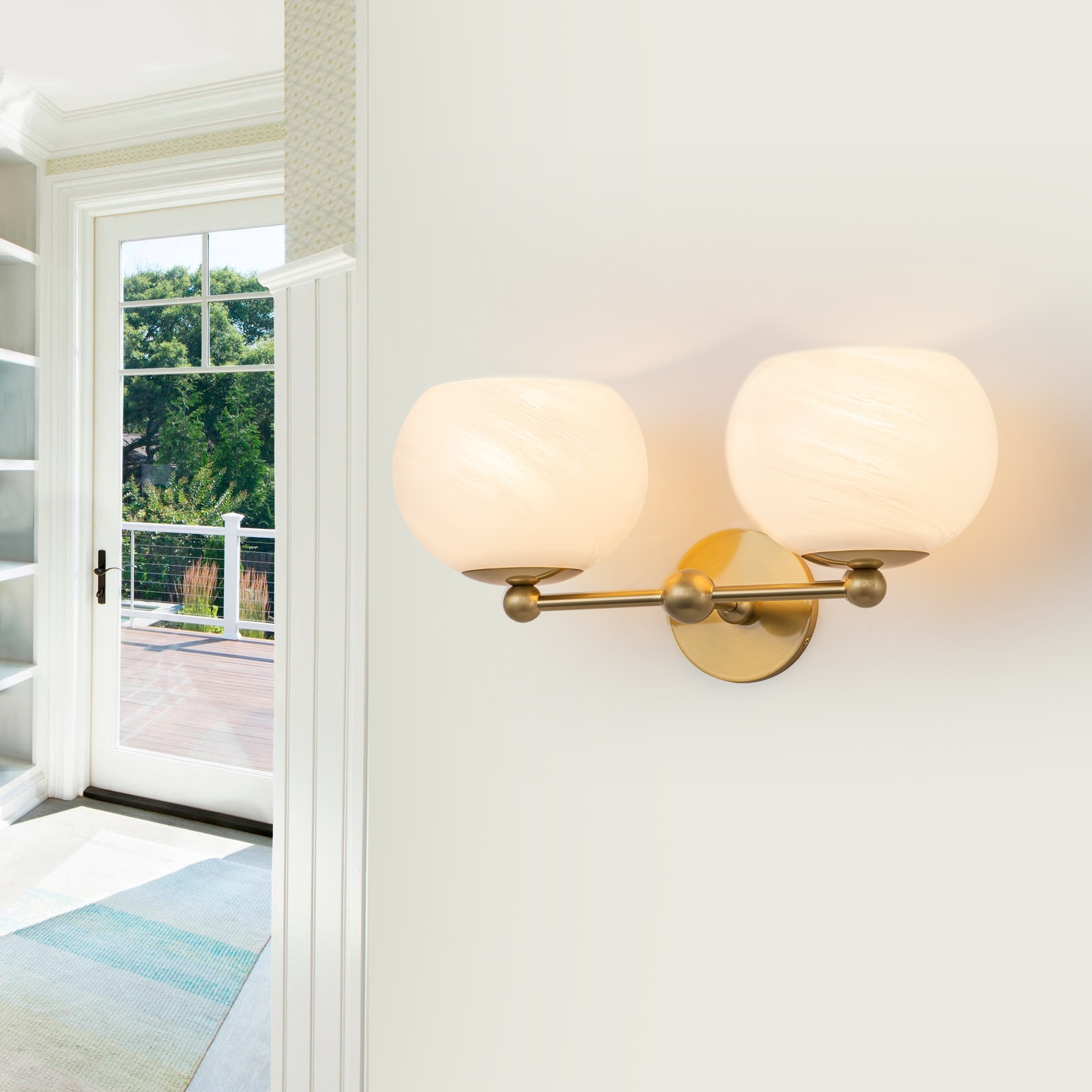 2-Light Gold Double-Globe Wall Sconce Cloud-Pattern Glass Shades - W 18-in