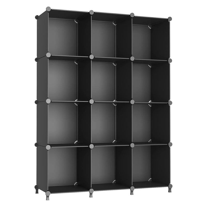 12 Cube Stackable Shoe Rack Organizer DIY Plastic Shoe Storage Cabinet for Closet & Entryway Black - N/A - Black