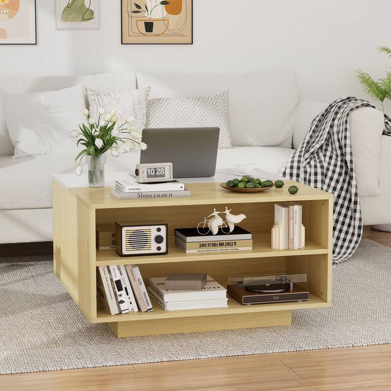31.5" Fluted Lift Top Coffee Table with Storage, Boho Lift-Top Center Table with Hidden Compartment for Small Space