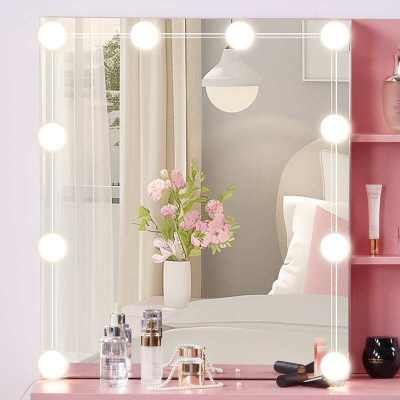 Pink Dressing Table Set with Sliding Mirror Cabinet 5 Drawers and Shelves Lighted Mirror