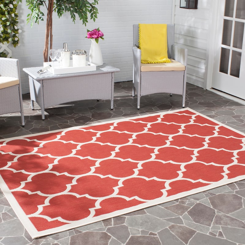 SAFAVIEH Courtyard Sibel Indoor /Outdoor Waterproof Patio Backyard Rug - 6'7" Square - Red/Bone