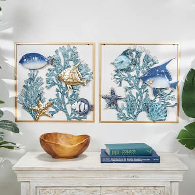 Blue Metal Fish Wall Decor with Gold Frames and Coral Background (Set of 2)