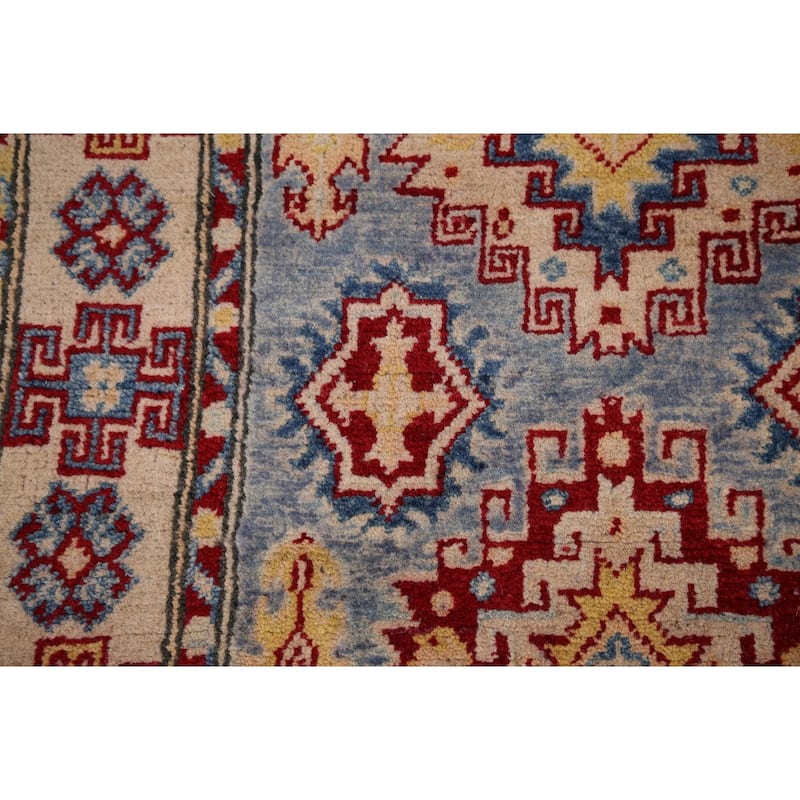 Blue Geometric Kazak Runner Rug Hand-Knotted Wool Carpet - 2'9" x 15'11"