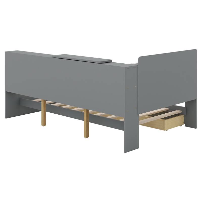 Wood Twin Size platform bed with Storage Headboard, Shelves and 2 Drawers