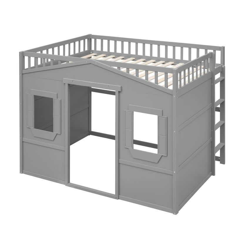 Full Size House Loft Bed, Wood House Bed Frame with Windows, Child Loft Bed with Ladder and Safety Guardrails