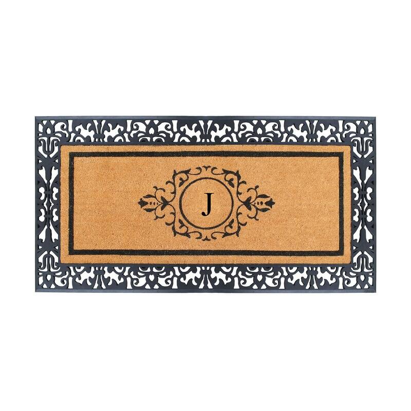 A1HC Natural Coir and Rubber Floral Bordered Doormat 30 in. x 60 in. - Monogrammed J