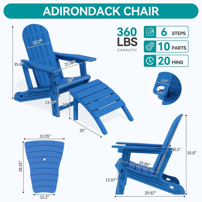 Outdoor All Weather Adirondack Chairs with Movable Footrests, Set of 5/3.