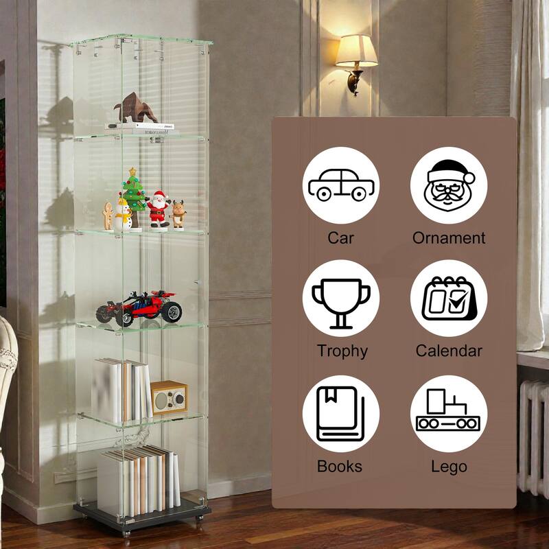 4-Tier Tempered Glass Display Case with 5 Dynamic LED Modes, Single Door Bookshelf Cabinet for Collectibles Home Office Decor