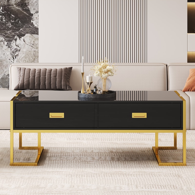 Modern Rectangular Coffee Table with 4 Drawers and Gold Base in 47.3"