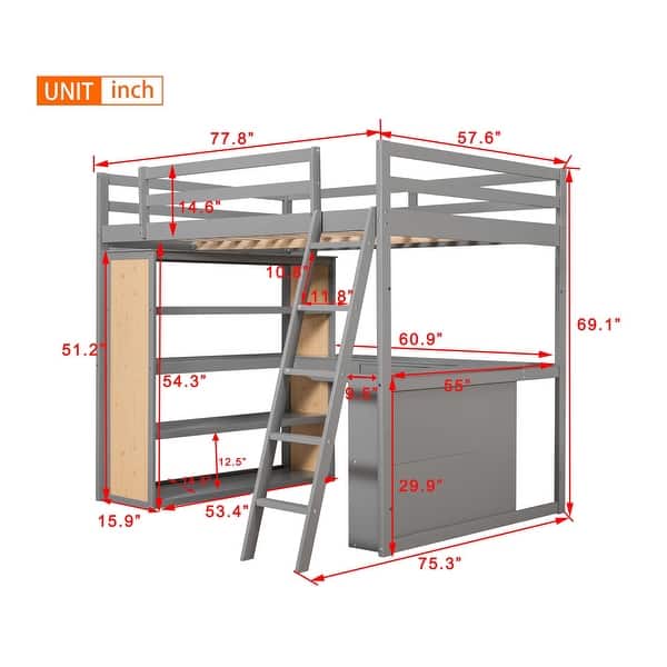 Full Size Multi-function Loft Bed With Ladder,Shelves and Desk,Solid Construction