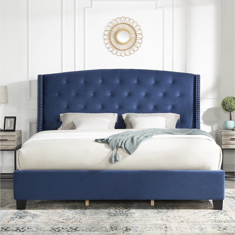 Roundhill Furniture Summit Wingback Tufted Upholstered Bed with Nailhead