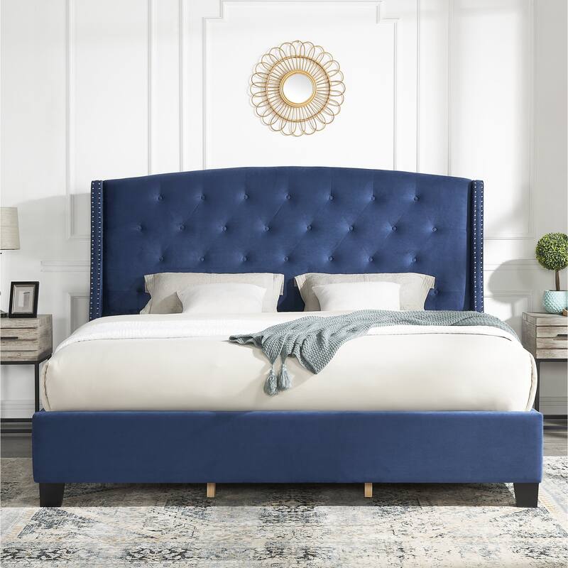 Upholstered Polyester Bed with Tufted Wingback