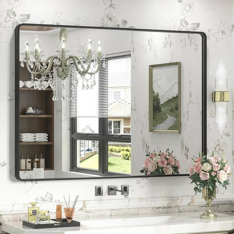Aluminum Alloy Framed French Cleat Mounted Tempered Glass Wall Vanity Mirror - Black - 44" x 32"