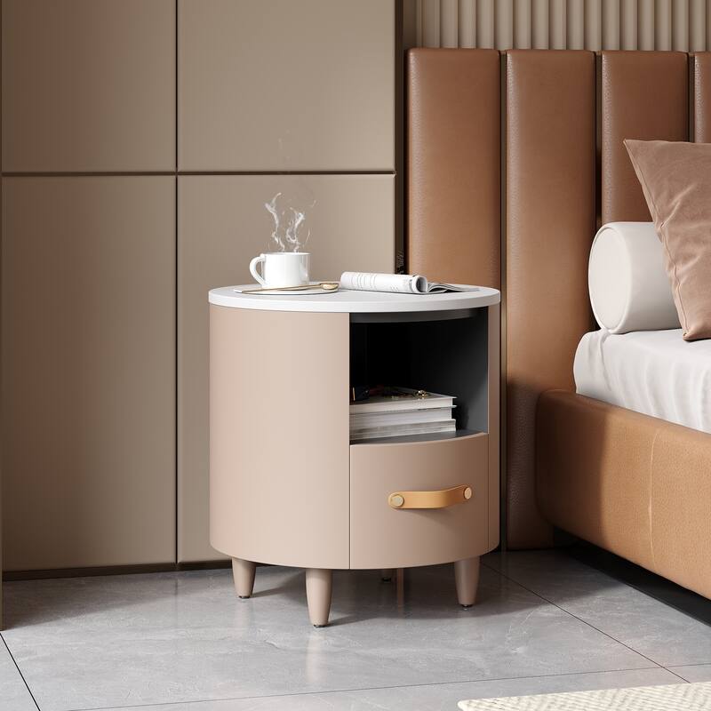 Modern Round Nightstand with Storage Drawer & Open Shelf, Curved Bedside Table for Bedroom & Living Room, Easy Assembly, Khaki - khaki