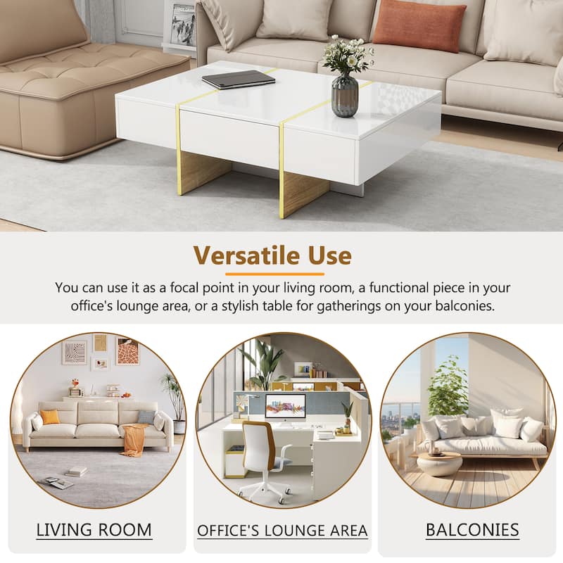 Roomfitters Modern High Gloss Coffee Table with Golden Wood Grain Legs, Rectangle Center Table with Storage
