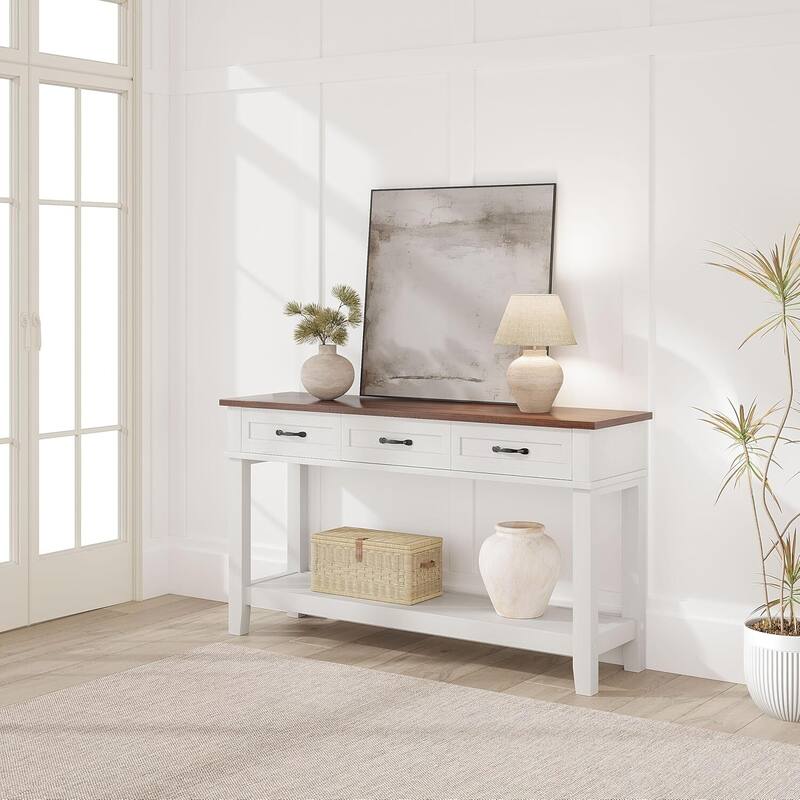 2 Tier Farmhouse Entryway Table, Console Table with 3 Storage Drawers